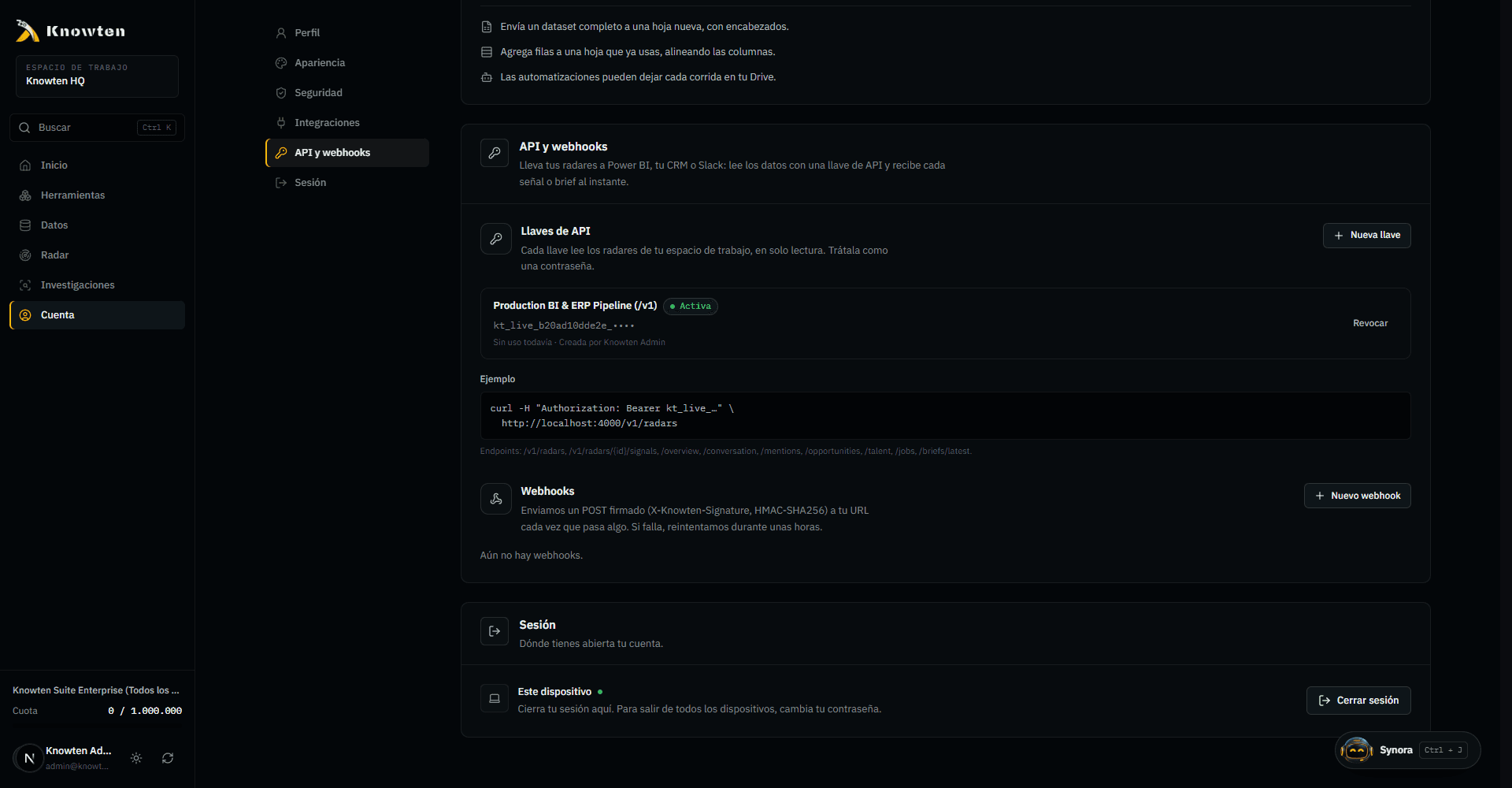Knowten Suite — API Pública /v1 (kt_live_...) y Webhooks HMAC-SHA256