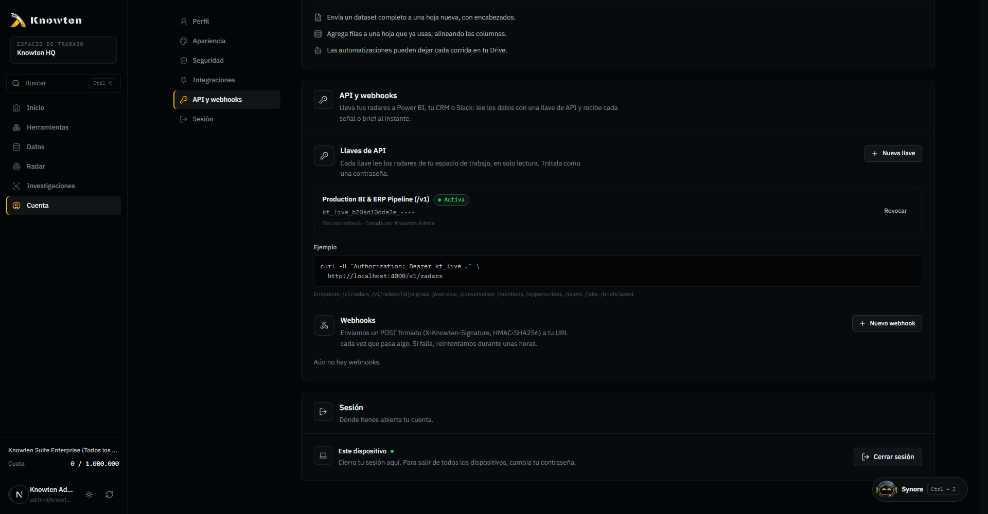 Knowten Suite — API Pública /v1 (kt_live_...) y Webhooks HMAC-SHA256
